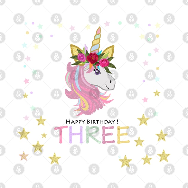 Third birthday greeting. Three. Magical Unicorn Birthday invitation. Party invitation greeting by GULSENGUNEL