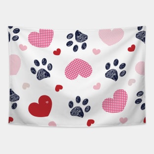 Plaid pink red hearts and doodle paw print Tapestry