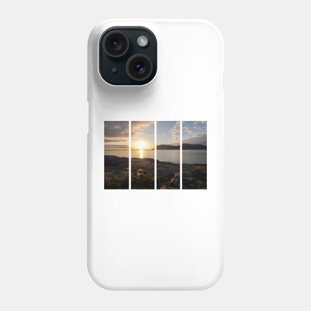 Wonderful landscapes in Norway. Vestland. Beautiful scenery of a sunset on a calm sea in a sunny day with sunrays through the clouds and a fisherman on the shore. Yellow sky and rocks Phone Case by fabbroni-art