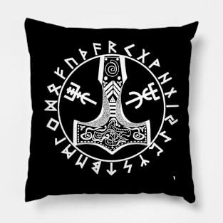 Thor's hammer and Viking runes , in white. Pillow