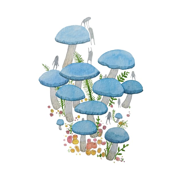 Blue Mushroom Watercolour Illustration by LittleInkings