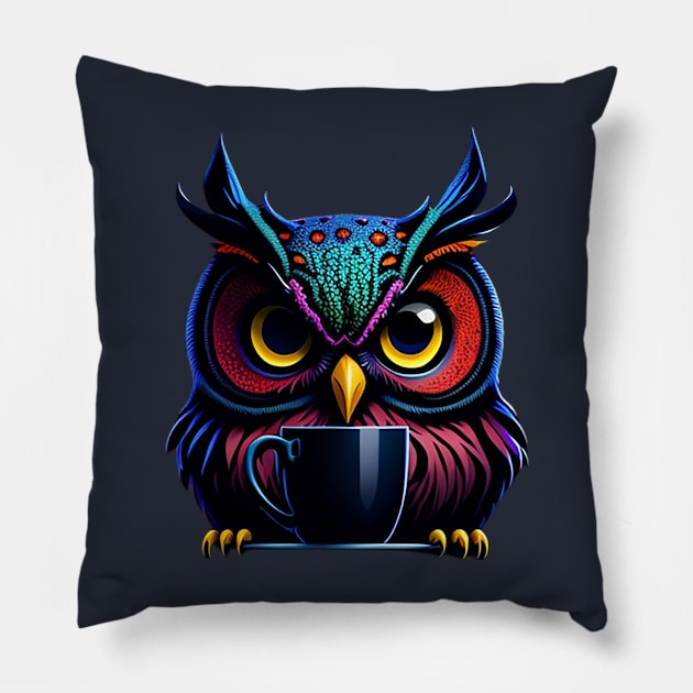 OWL AND COFFEE CUP Pillow by likbatonboot