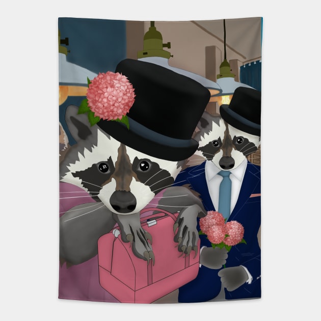 Raccoon party. Cute couple Tapestry by KateQR