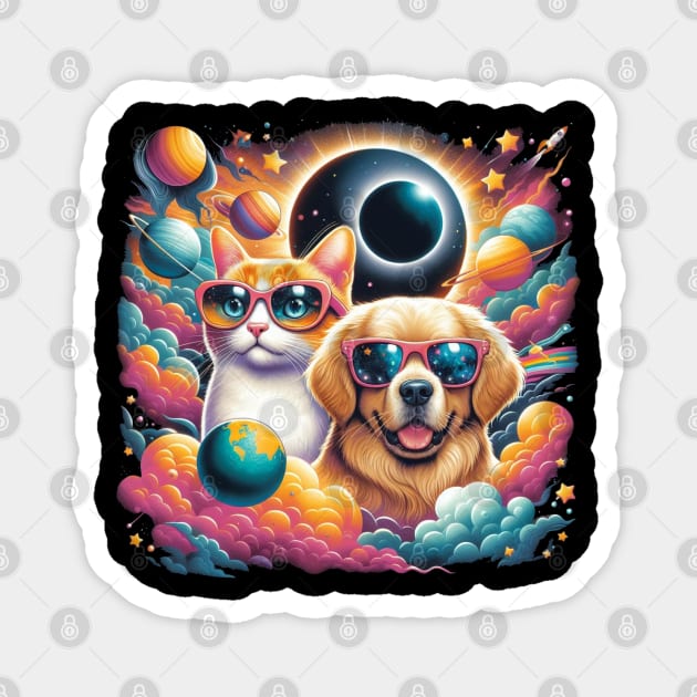 colorful cat and dog with solar 2024 eclipse wearing Glasses Magnet by HBart