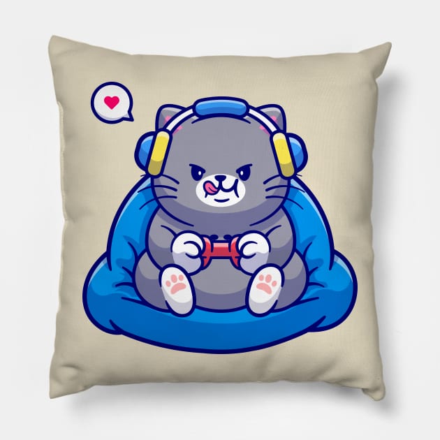 Cute Cat Playing Game Cartoon Pillow by Catalyst Labs