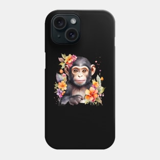 A baby chimpanzee decorated with beautiful watercolor flowers Phone Case