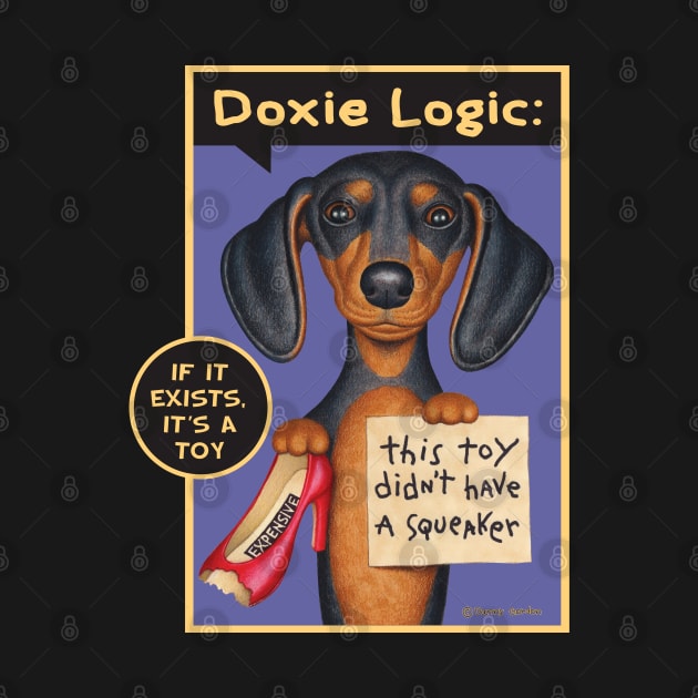 Cute Doxie Dog with new chew toy on Black Dachshund Holding Red Shoe tee by Danny Gordon Art