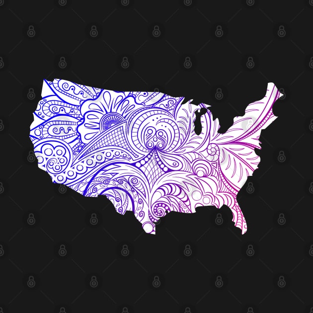 Colorful mandala art map of the United States of America in blue and violet on white background by Happy Citizen