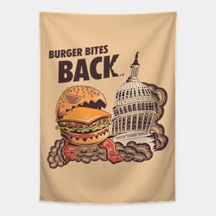 Burger Bites Back Funny Halloween Design (Dark, Brown Text) Tapestry