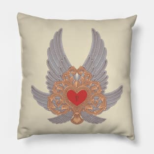 heart lock with wings and floral ornament, Vintage engraving drawing style, antique design vector illustration Pillow