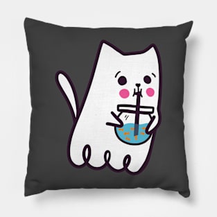 Ghost Cat Drinking Goldfish Bubble Tea Pillow