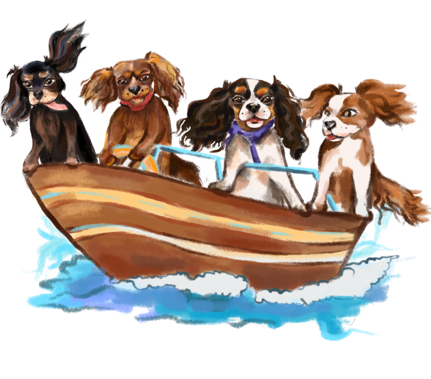 4 Cavalier King Charles Spaniels on a Boat Kids T-Shirt by Cavalier Gifts