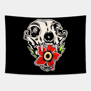 skull cat flower traditional tattoo Tapestry