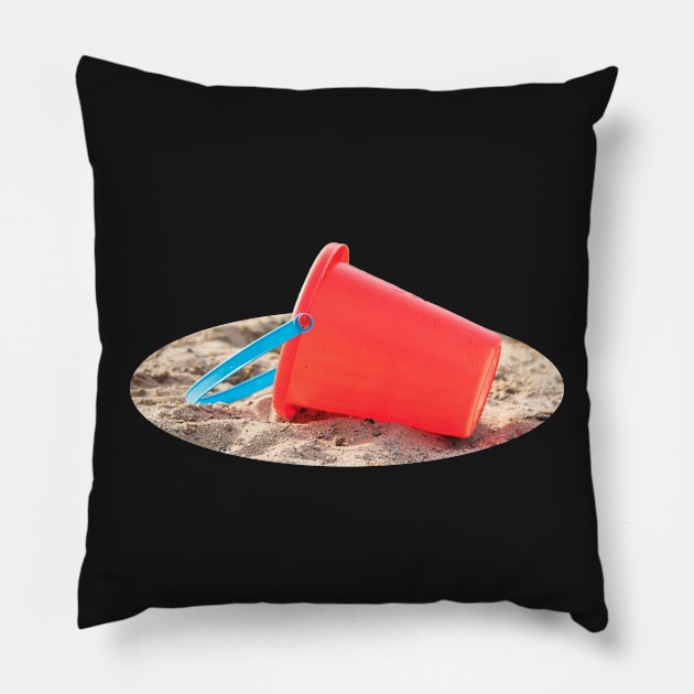 Red Sand Pail on Beach Sticker Pillow by Amy-K-Mitchell