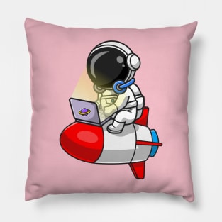 Cute Astronaut Working With Laptop On Rocket Cartoon Pillow