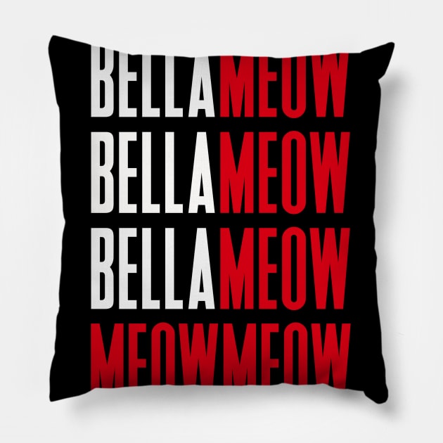 Bella Meow Black Pillow by The Fat Cat Studio