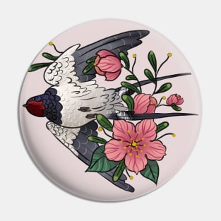 Swallow flying with flowers Pin