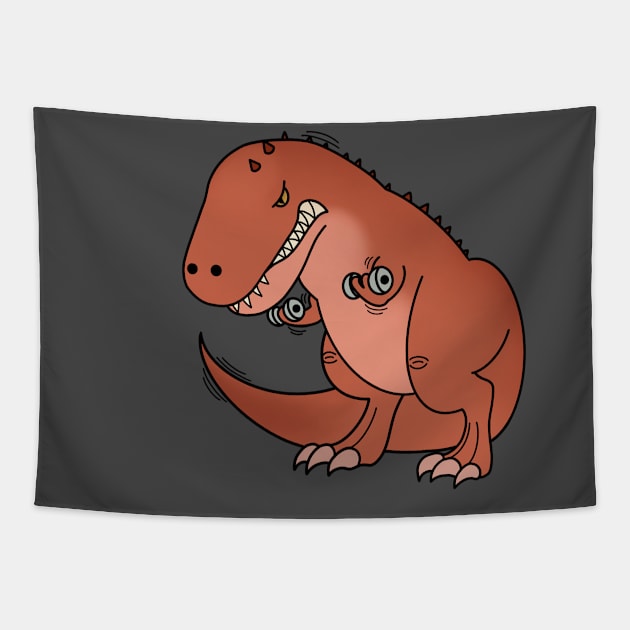 Funny T Rex lifting weights, Funny Dinosaur Tapestry by dukito