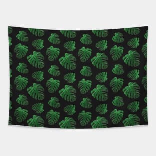 Green Monstera on Black Background Pattern Edit Tapestry