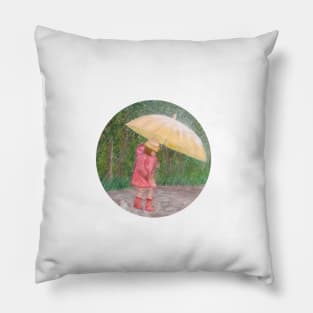 Girl walking in the rain and having fun with the water puddles Pillow