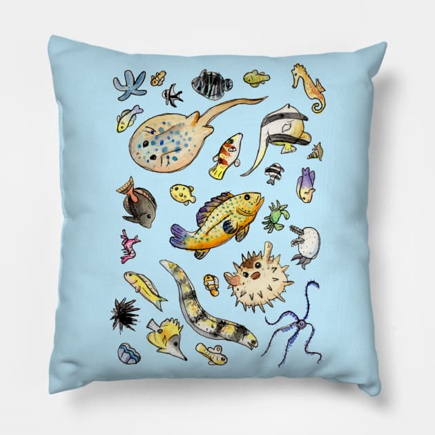 Saltwater fish friends in watercolor Pillow by narwhalwall