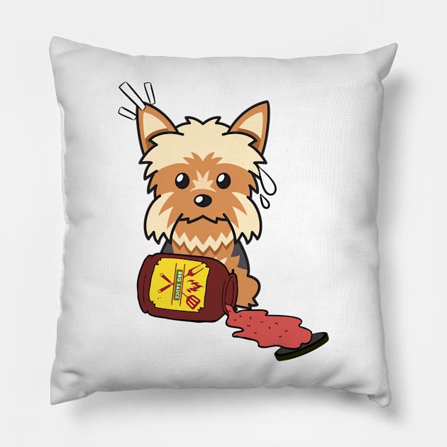 Naughty Yorkshire Terrier Spilled BBQ Sauce Pillow by Pet Station