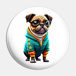 Cute Pug in Green Hoodie - Adorable Nerdy Dog T-shirt Design Pin