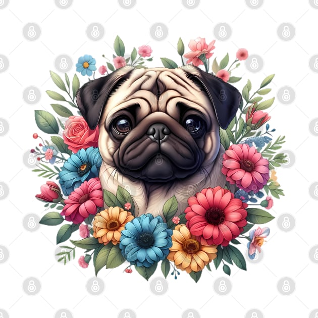 A pug decorated with beautiful colorful flowers. by CreativeSparkzz