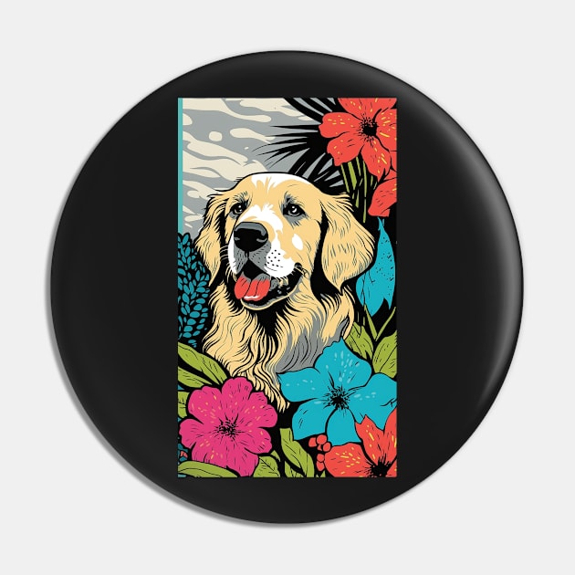 Golden Retriever Dog Vibrant Tropical Flower Tall Retro Vintage Digital Pop Art Portrait 2 Pin by ArtHouseFlunky