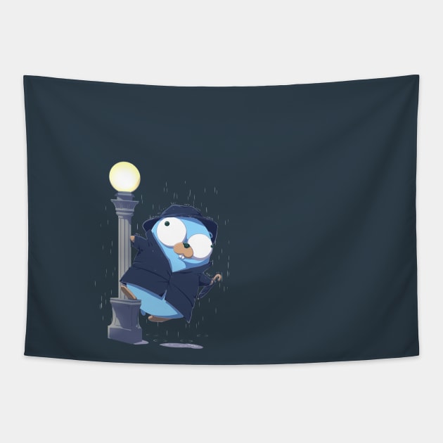 Golang Gopher Go Singing In The Rain Tapestry by clgtart