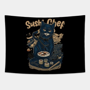 Retro Japanese-Inspired Feline Culinary Cat as Sushi Chef Tapestry