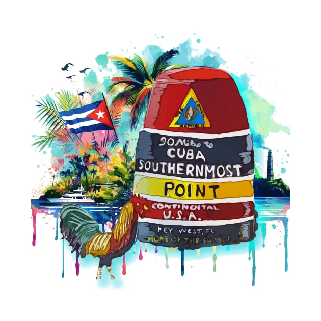 Key West Southernmost Point in US with colorful Cuban Background - WelshDesigns by WelshDesigns