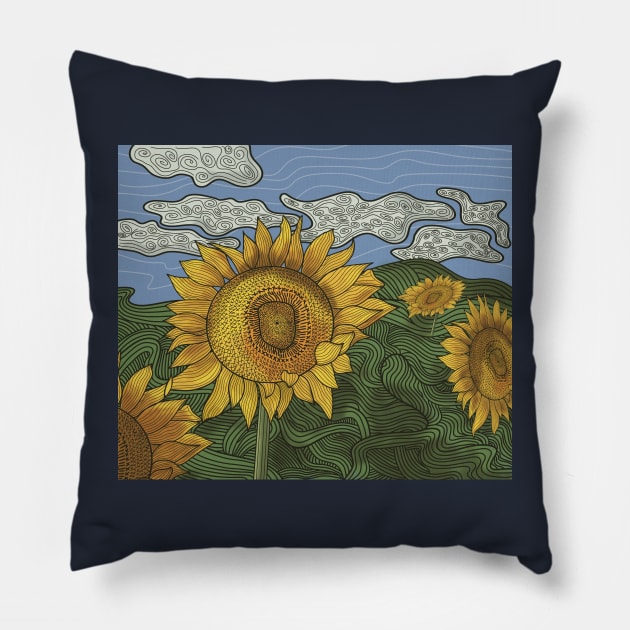 Sunflowers Landscape Colorful Line art Pillow by WalkSimplyArt