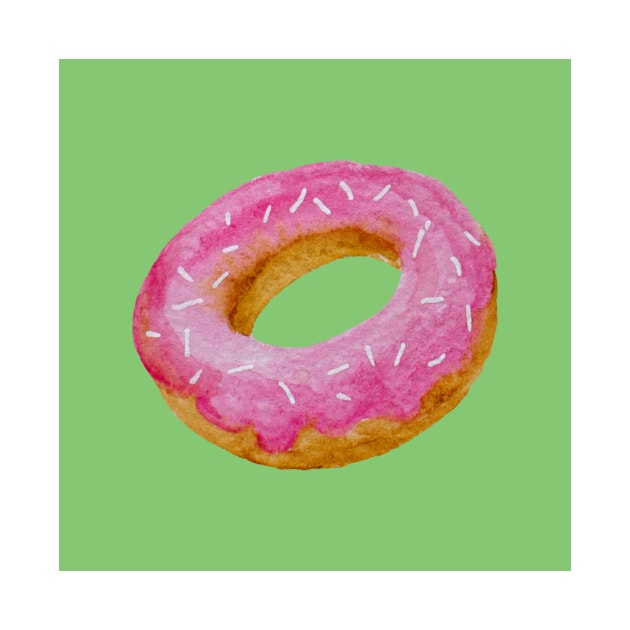 Watercolor donut - pink on green background by wackapacka