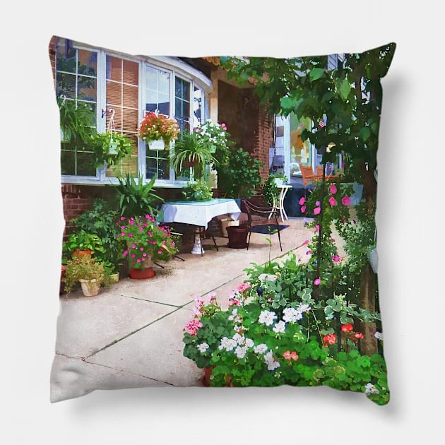 Belvidere NJ - Outdoor Cafe with Flowerpots Pillow by SusanSavad