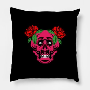 Pink of skull with red roses Pillow