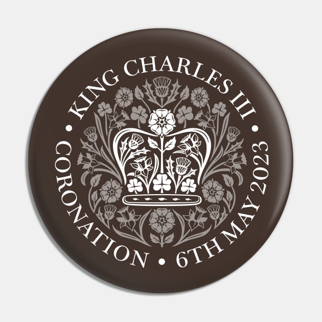 King Charles III Official Coronation Emblem white on black Pin by NattyDesigns