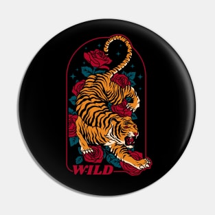 Japanese Wild Tiger with Rose Background Pin