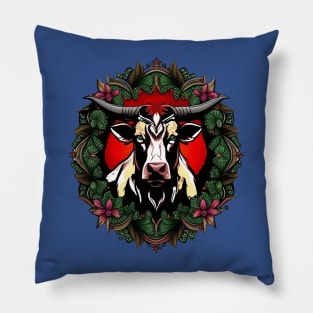 Ox Surrounded By A Wreath Of Red Clover Tattoo Style Art Pillow