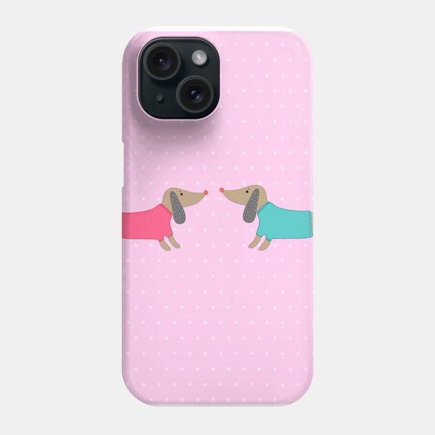 Cute dogs in love with dots in pink background Phone Case by bigmomentsdesign