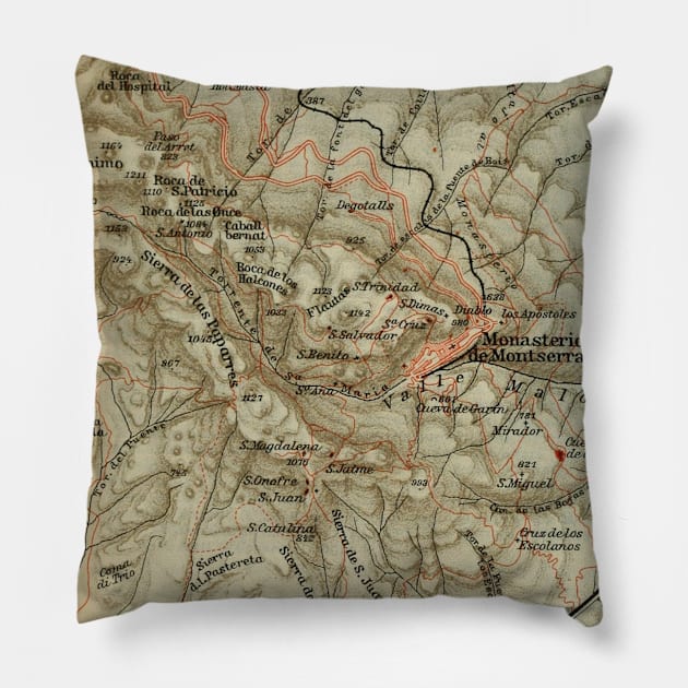 Vintage Montserrat Spain Map (1913) Pillow by Bravuramedia