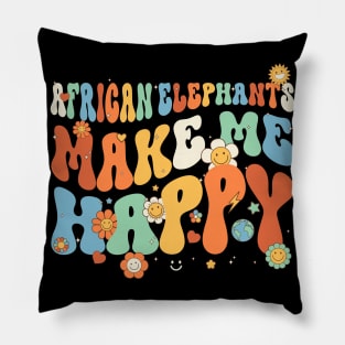 African Elephants Make Me Happy Groovy Retro Vintage Style Pillow