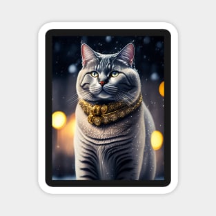 Golden Beauty: A British Shorthair Dazzles in a Winter Wonderland Magnet