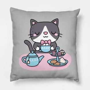 Cute Tuxedo Cat Enjoying Afternoon Tea Pastries And Snacks Pillow