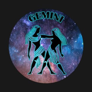 Gemini Astrology Zodiac Sign - Gemini the Twins Birthday Or Christmas Gift - Stars or Space and Black Symbol Turquoise Glow T-Shirt