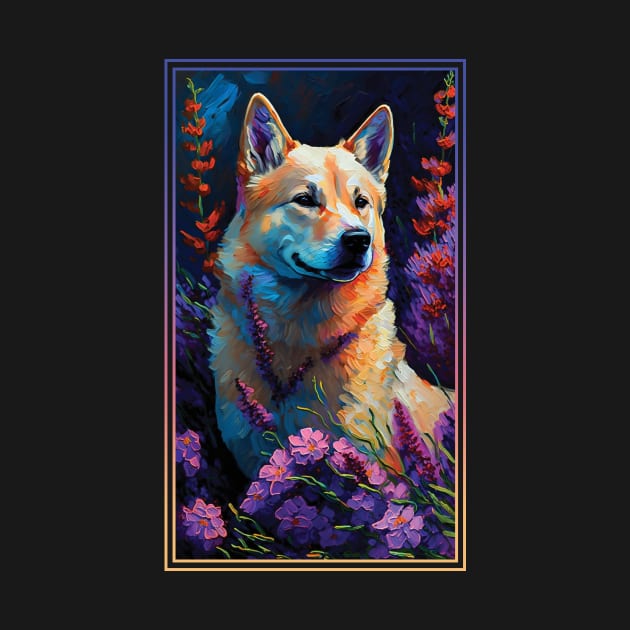 Jindo Dog Vibrant Tropical Flower Tall Digital Oil Painting Portrait 3 by ArtHouseFlunky