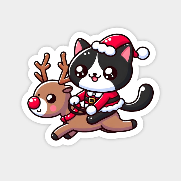 Tuxedo cat in santa costume, riding a reindeer Magnet by SergioCoelho_Arts