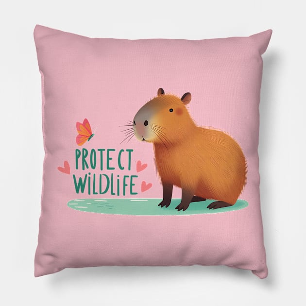 Protect Wildlife - Capybara with butterfly Pillow by PrintSoulDesigns