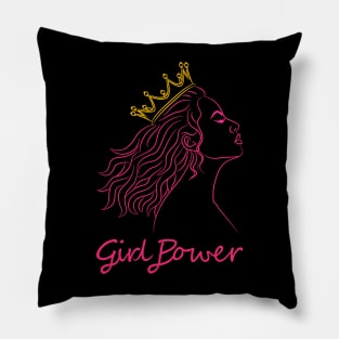 Beautiful girl with curly hair and a golden crown with the text saying "Girl Power" Pillow