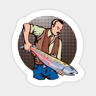 Fisherman Catching Chinook Salmon Retro Magnet